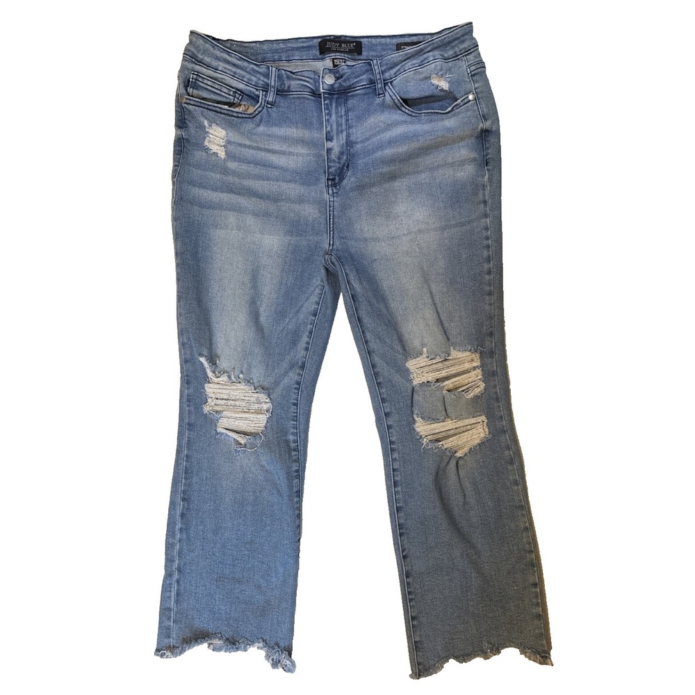 Judy Blue Jeans Women's Distressed Ripped Blue Denim Size 15/32 Straight Crop